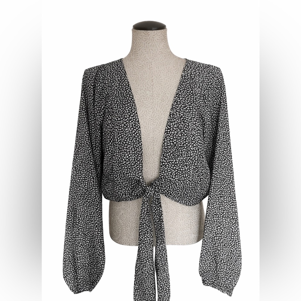 Princess Polly Black & White Leopard Print Tie-Front Crop Blouse